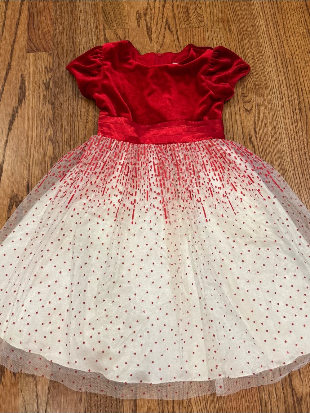 Rare Editions Red Velvet Bodice White Tulle Dress with Red Polka Dots
